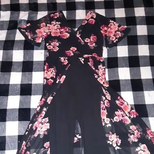 Black jumpsuit with beautiful floral fleece train